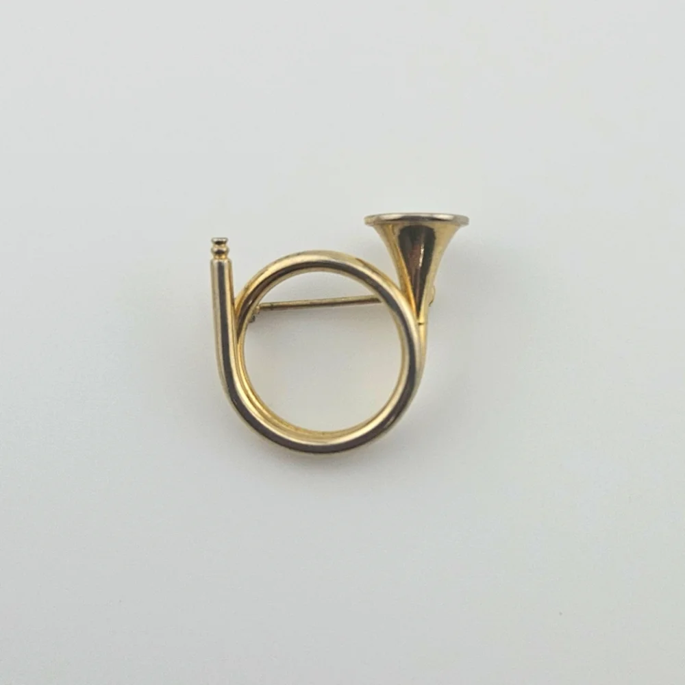 Small Gold Tone French Horn Brooch Pin